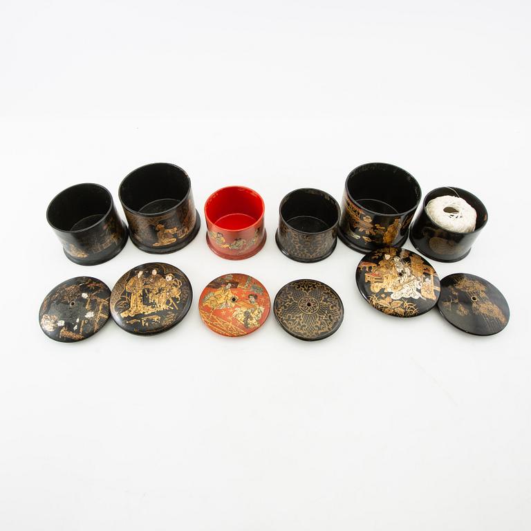 A collection of thread holders, boxes, and a tea caddy, 10 pcs Japan/Europe first half of the 20th century.