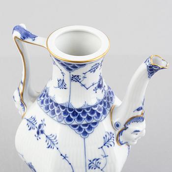 A 'Blue Fluted Full Lace' porcelain coffee pot, creamer and sugar bowl, Royal Copenhagen, 1030, 1031, 1112, 1950/60s,.