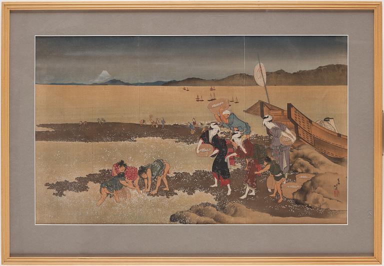 KATSUSHIKA HOKUSAI (1760–1849), efter, färgträsnitt på textil. Japan, "Shell Gathering", 1900-tal.