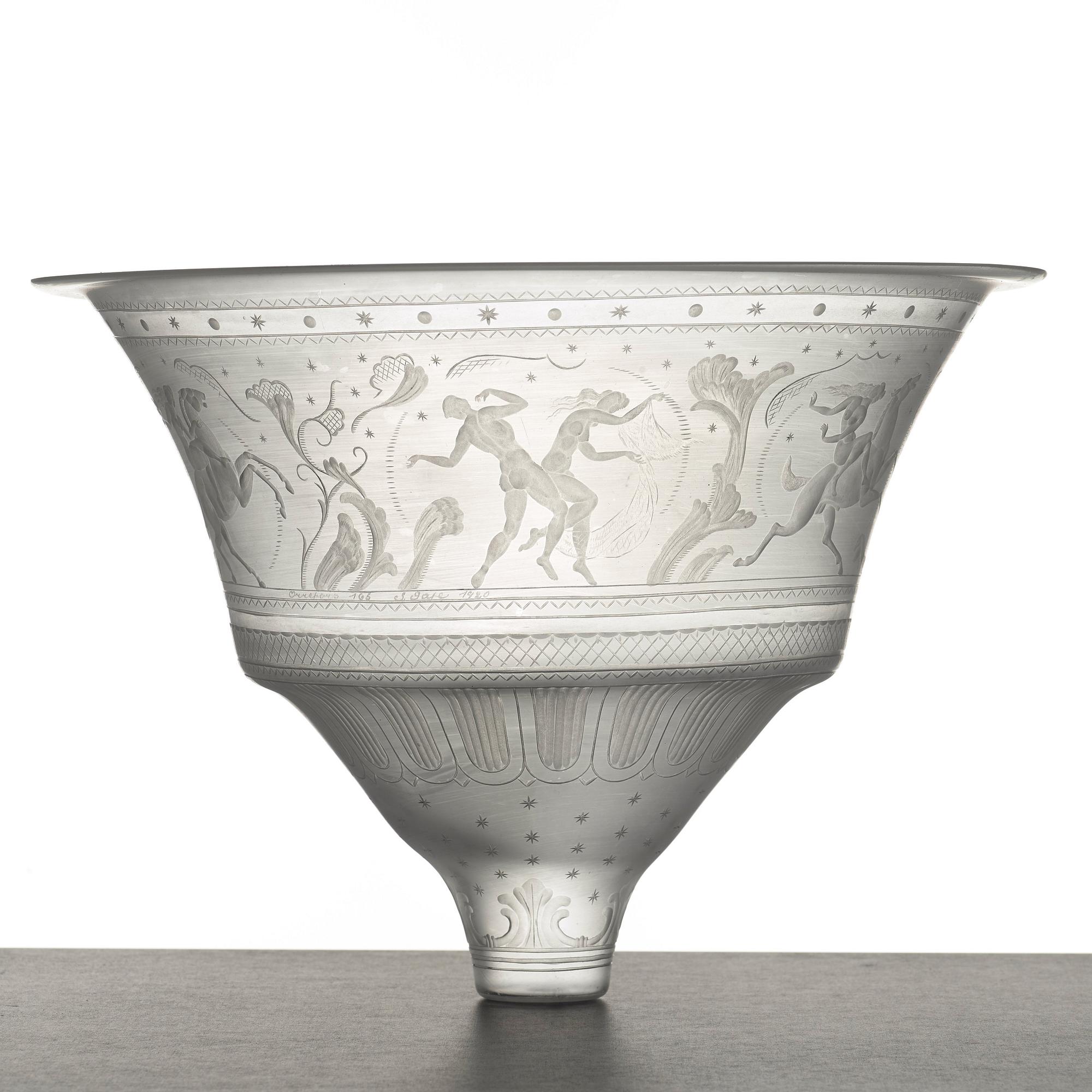 Simon Gate, an engraved glass lamp shade, Orrefors, Sweden 1920.