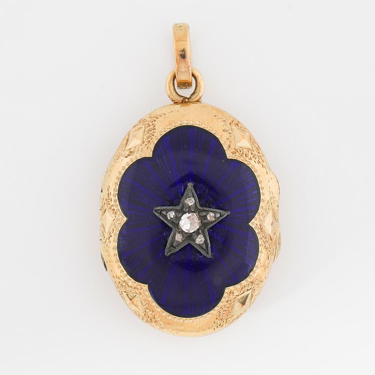 18K gold, enamel, rose-cut diamond pendant, with hair work.