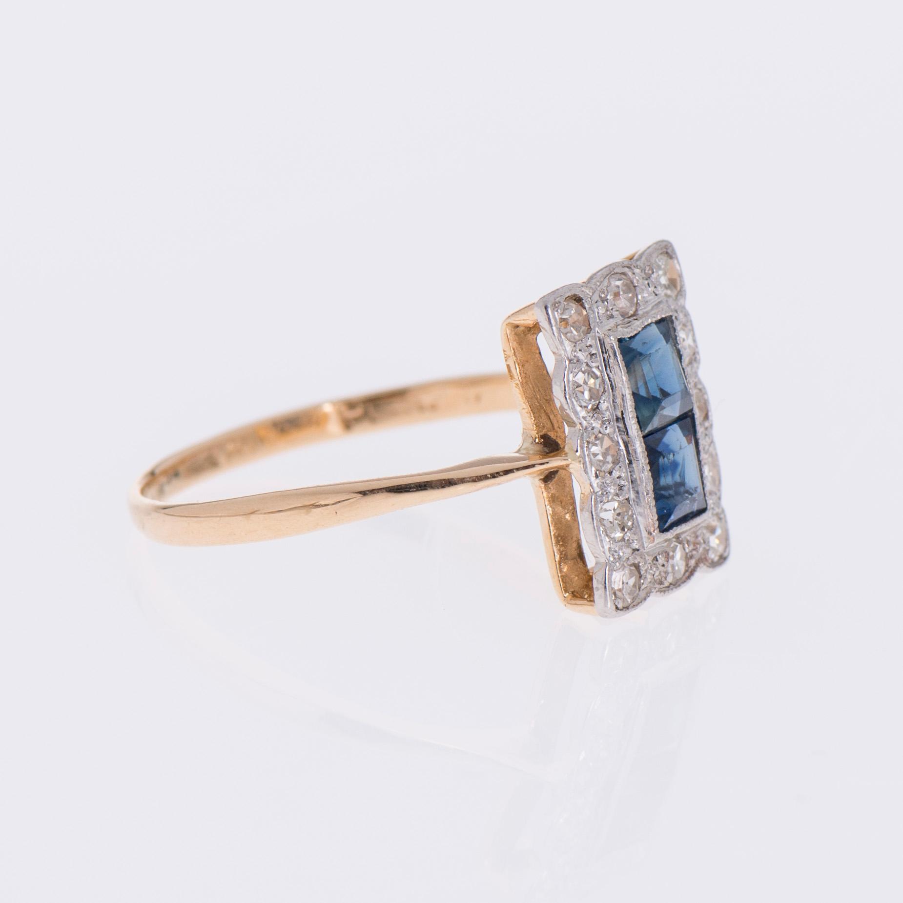 RING, två carréslipade safirer, åttkantslipade diamanter, 14K guld.