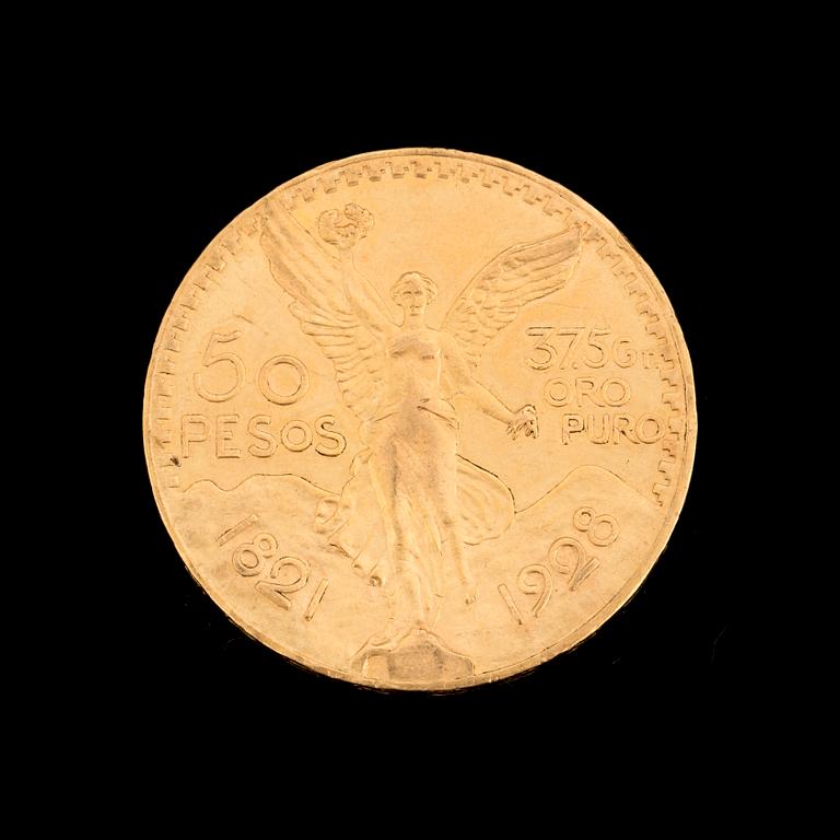 50 PESO GOLD MEXICO COIN, 1921-1928. Weight ca 42 grams.