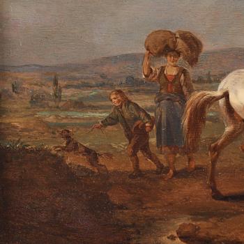 Philips Wouwerman Circle of, Landscape with rider on white horse, pack mule and figures.