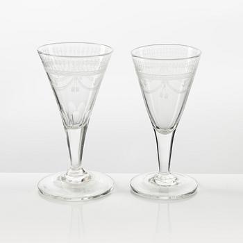 A set of six engraved glasses and one decanter, possibly Strömbäcks or Reijmyre, early 19th Century.