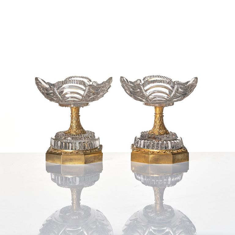 A pair of French Empire early 19th century gilt bronze and glass centre pieces.