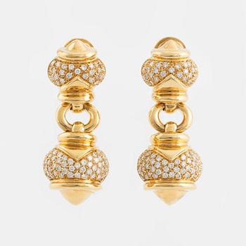 A pair of 18K gold earrings set with round brilliant-cut diamonds.