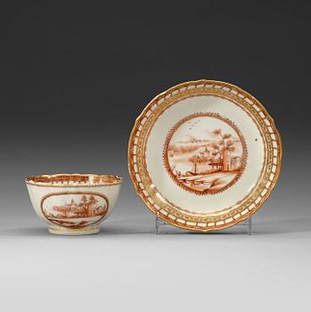 66. A red and gold "European subject" cup with saucer, Qing dynasty, Qianlong (1736-95).