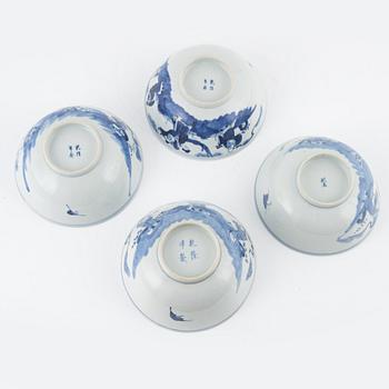 A set of four Chinese blue and white bowls, Qing dynasty, 19th century.