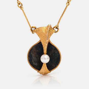 Björn Weckström, Halsband "Pärlebron", 14K guld, odlad pärla, spektrolit. Lapponia 1976.
