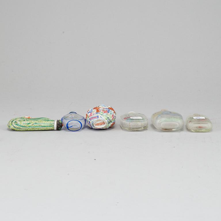 A group of six snuff bottles, 20th century.