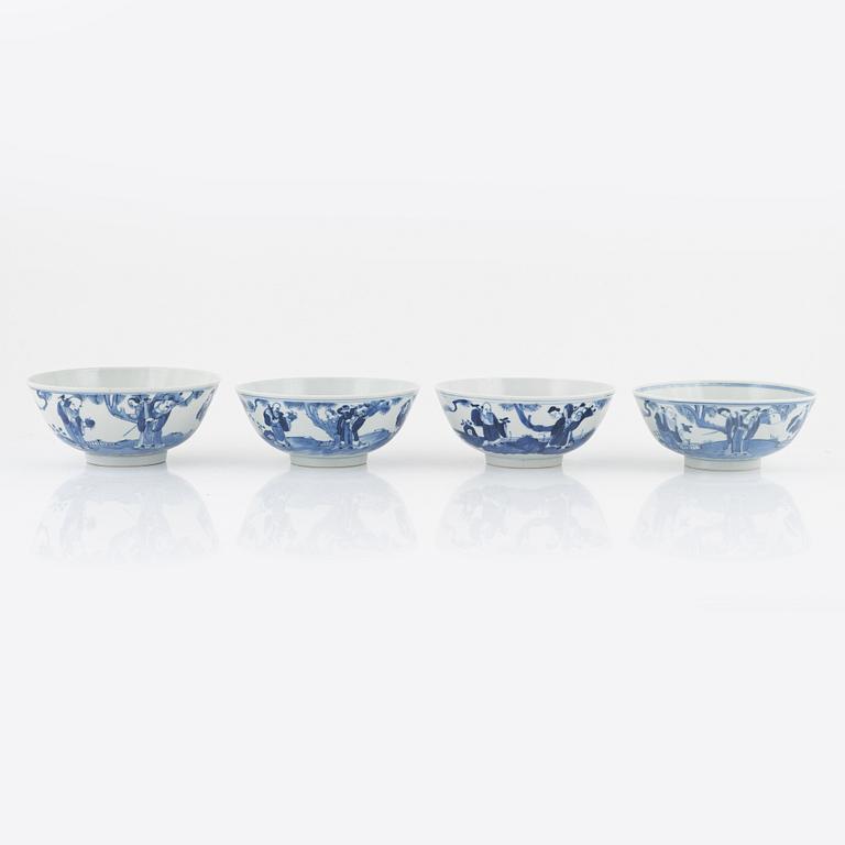 A set of four Chinese blue and white bowls, Qing dynasty, 19th century.