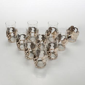 Juomalaseja, 8 + 1 kpl, hopeaa ja lasia,  Rancho Alegre Mexico 1900-luvun puoliväli.