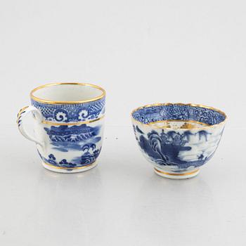 Three small porcelain plates and a cup with saucer, China, 18th century, and an English 19th century cup with saucer.