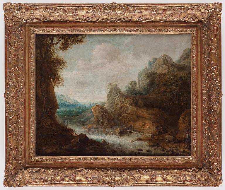 Frans de Momper, circle of, Mountainous river landscape with hunters.