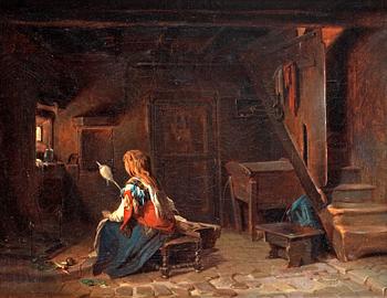 305. Egron Lundgren, Interior with Italian woman at the spinning wheel.