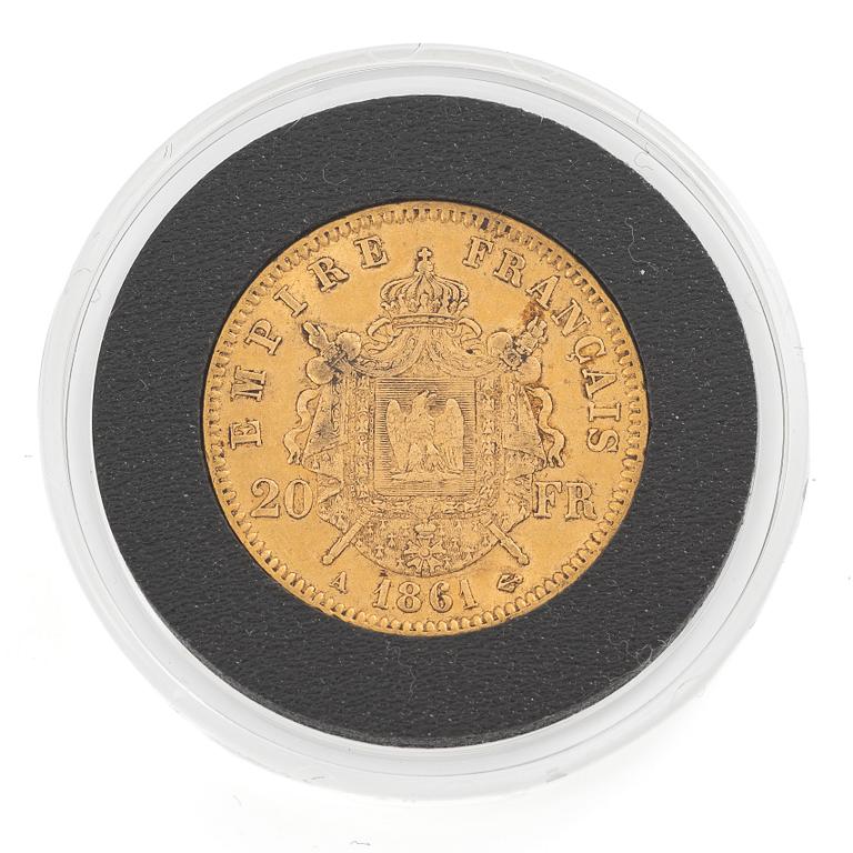 Gyldmynt, Frankrike, Napoleon III, 20 francs, 1861.