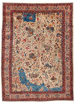418. A carpet, semi-antique, Mashad, figural, ca 402 x 298 cm.