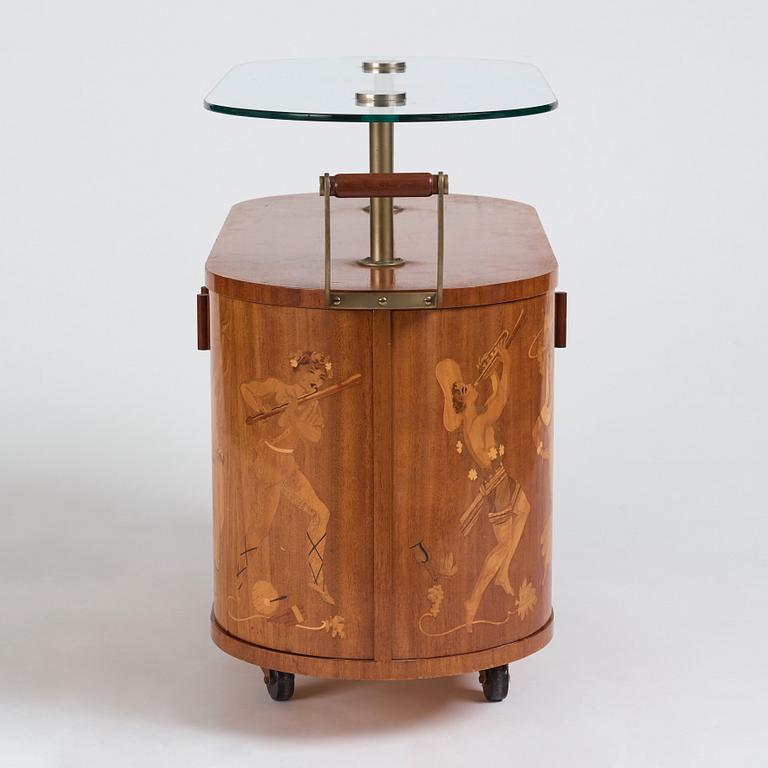 Birger Ekman, attributed to, a Swedish Modern bar-trolley by Mjölby Intarsia, 1930-1940's.