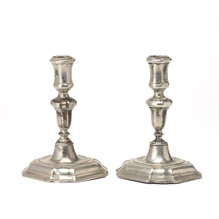 A pair of Swedish late Baroque pewter candlesticks by Nils Christophersson Forss.