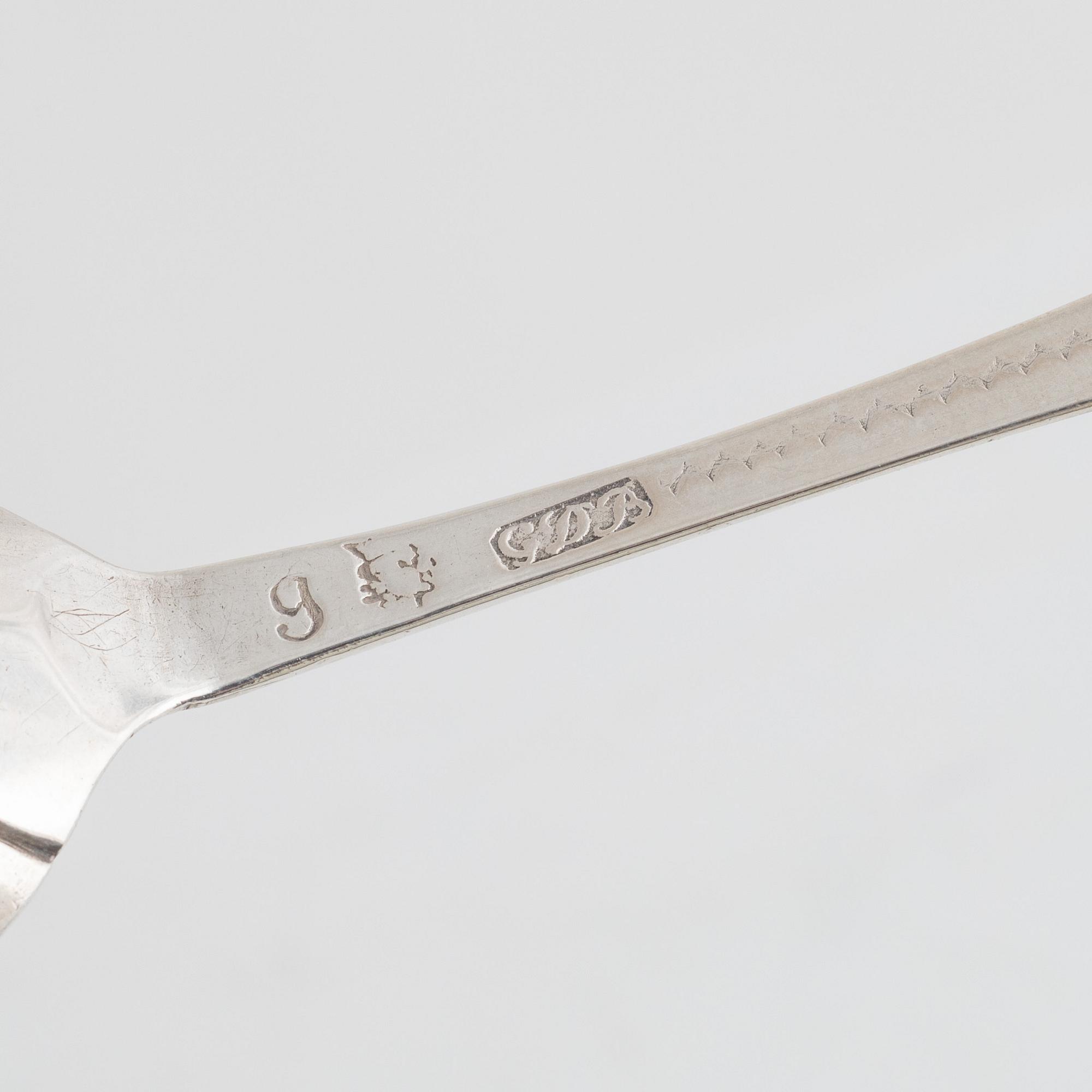 Skedar, 11 st, silver, bl.a. Gottfried Dubois, Stockholm 1743.