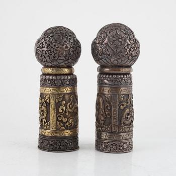 Two Tibethan/Nepalese silvered brass temple stamps, presumably late 19th century.