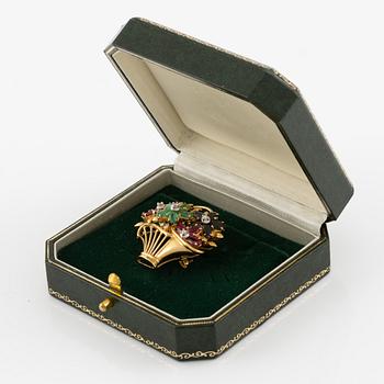 Brooch 18K gold set with round brilliant-cut diamonds as well as emeralds, sapphires, and rubies.