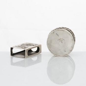 A set with 2 Chinese silver boxes, a coaster and a match stick holder, 20th Century.