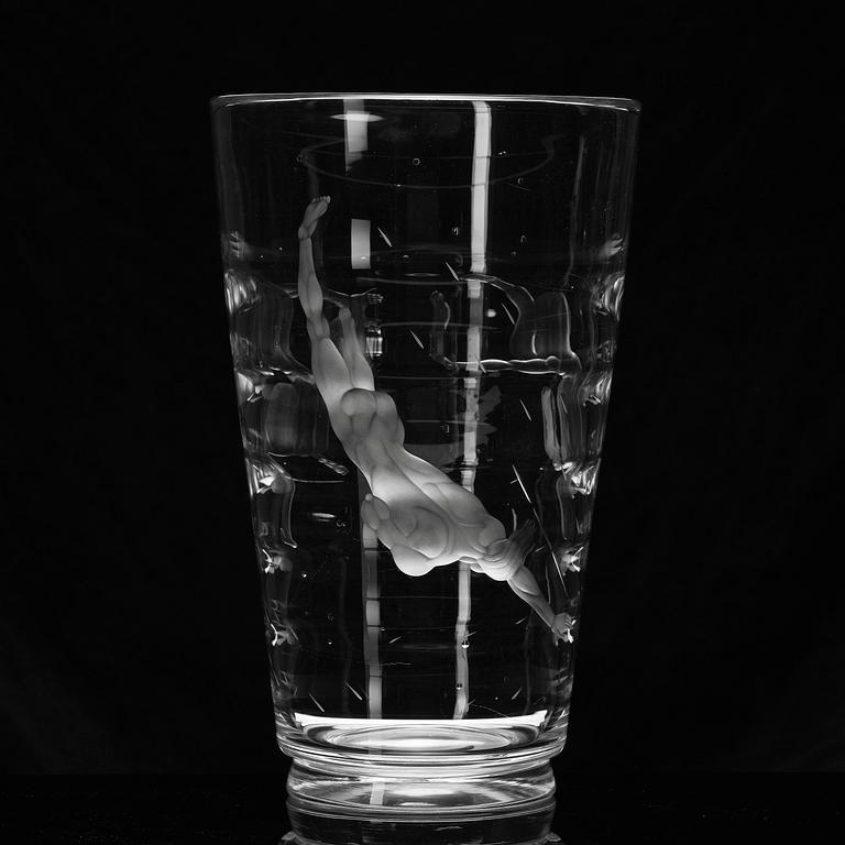 Vicke Lindstrand, a "Pärlfiskare" (Pearl Fisher) engraved glass vase, model 1115, Orrefors, Sweden, 1936.