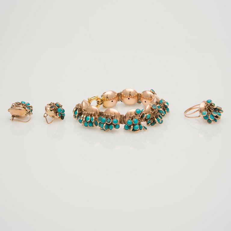 ARMBAND, RING och ÖRHÄNGEN, turkoser, 14K rose guld.