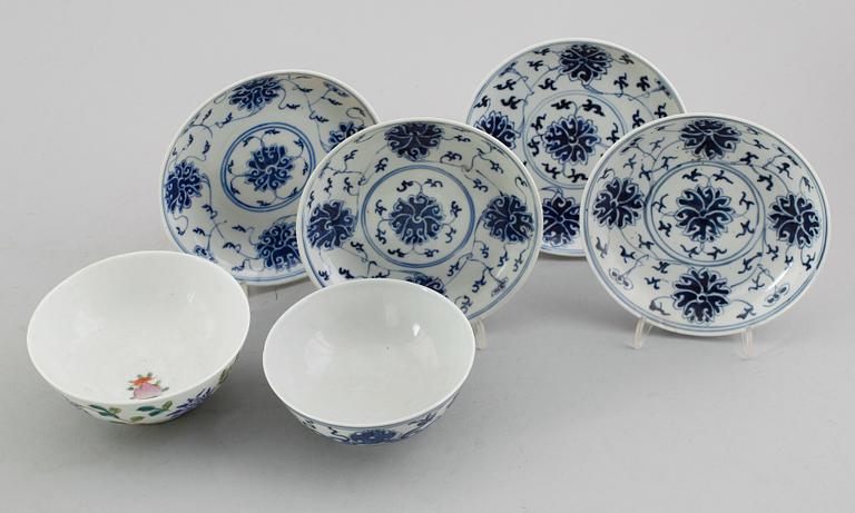 SAMLING OSTINDISKA FÖREMÅL, 6 delar, porslin, Kina, 1800/1900-tal.