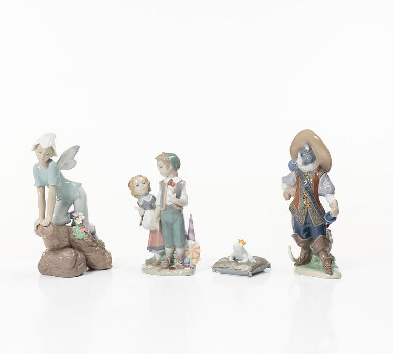 Lladró, figuriner, 4 st, "Prince of the elves", "Enchanted prince", "Puss in boots", "Hans och Greta", Spanien.