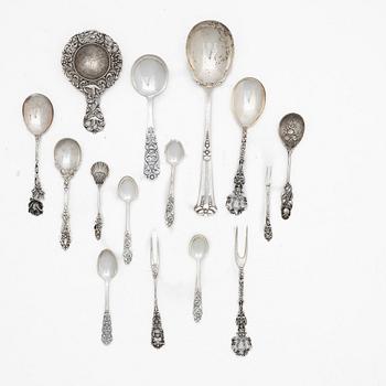 Cutlery, 14 pcs, and tea strainer, silver, mostly Sweden and Norway, 20th century.