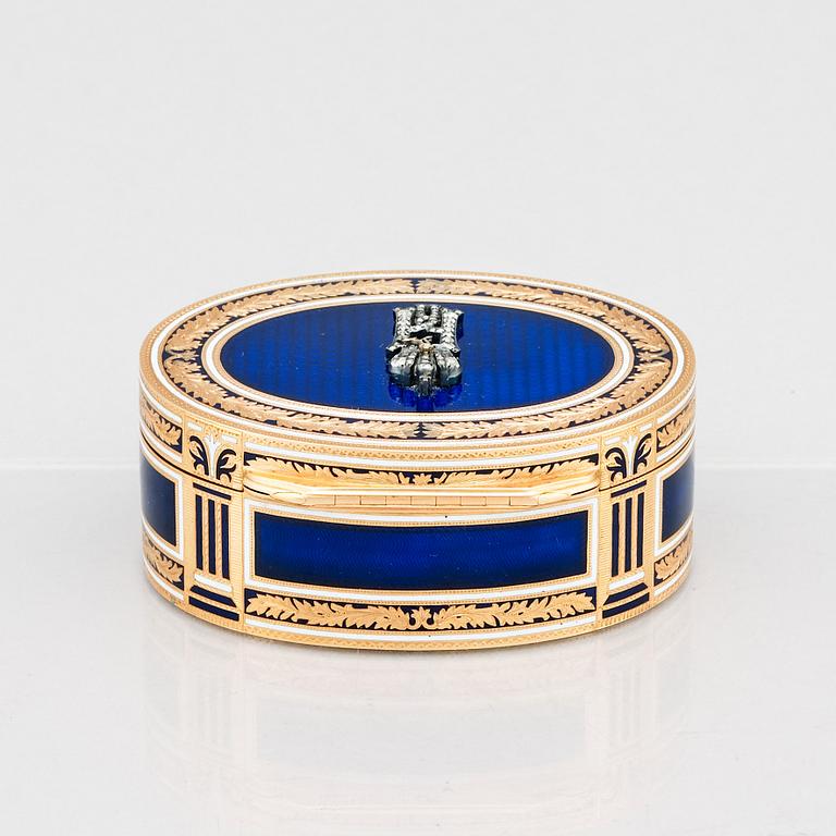 Kejserlig presentationsdosa, guld, emalj och diamanter, Alexander Treiden för Hahn, S:t Petersburg före 1899.