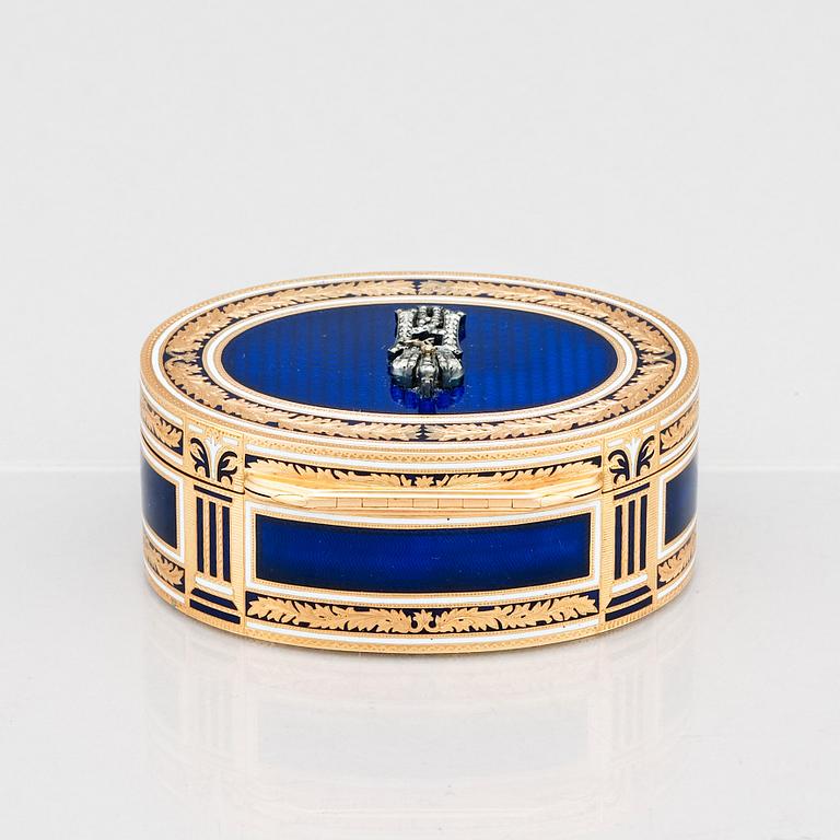 An Imperial Presentation jewelled gold and enamel box, Alexander Treiden for Hahn, St Petersburg before 1899.