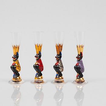 Gunnar Cyrén, four shot glasses, so-called devil glasses, from the Nobel service, Orrefors.