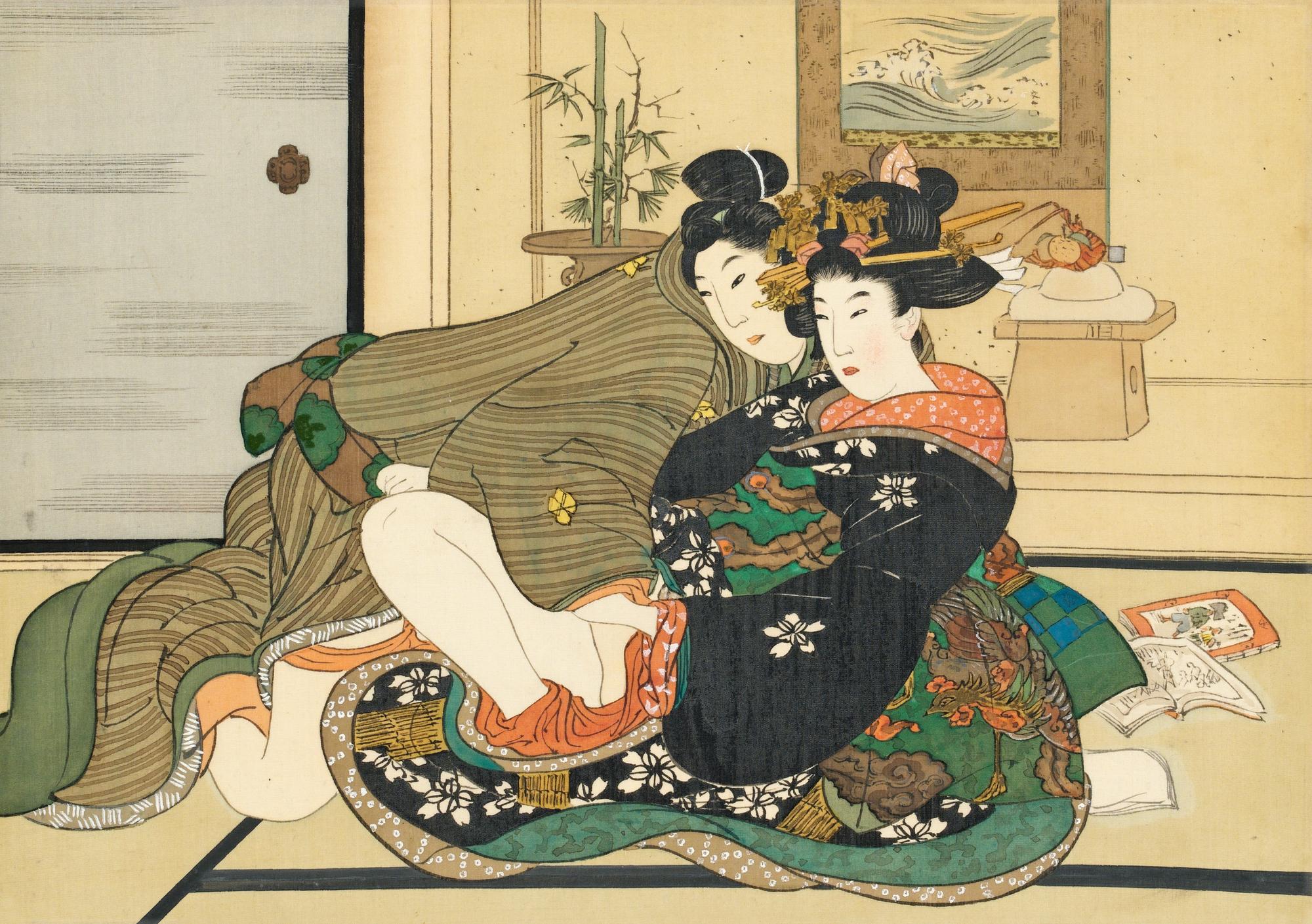 KONSTNÄR FRÅN UTAGAWA SKOLAN,
Shunga album, Japan, sen Edo (1603 - 1868) eller Meiji (1868-1912).
12 målningar på siden.