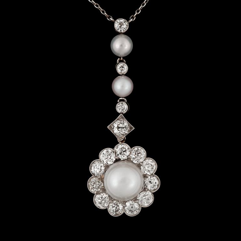 A cultured pearl and diamond necklace. Circa 1900.