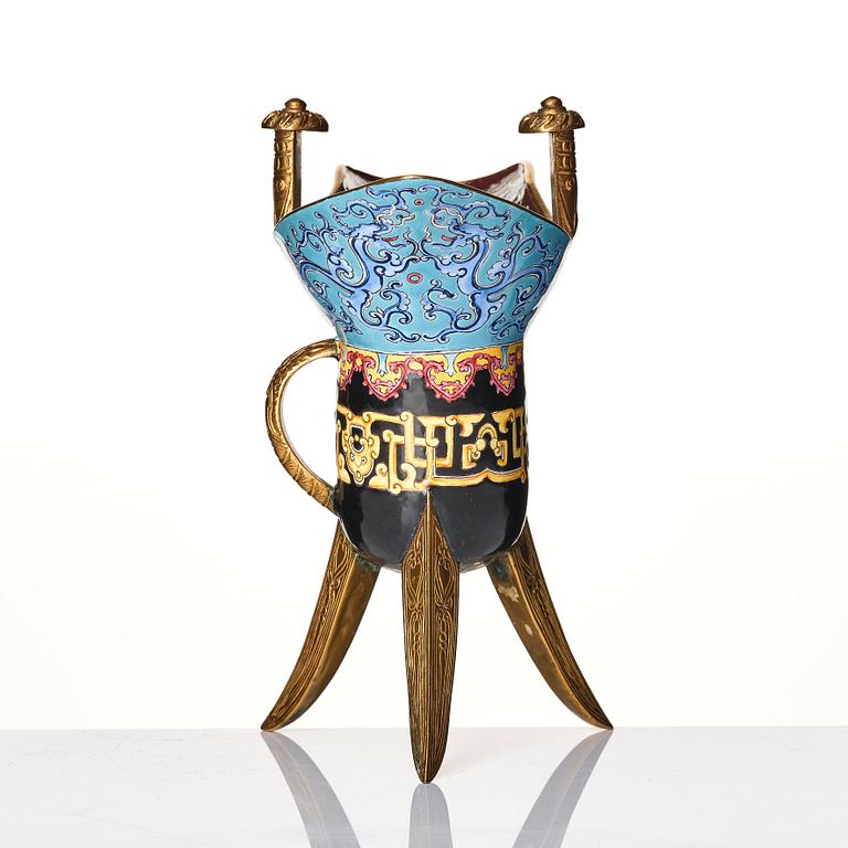 A Canton enamel and gilt bronze tripod ritual wine vessel 'jue', Qing dynasty.