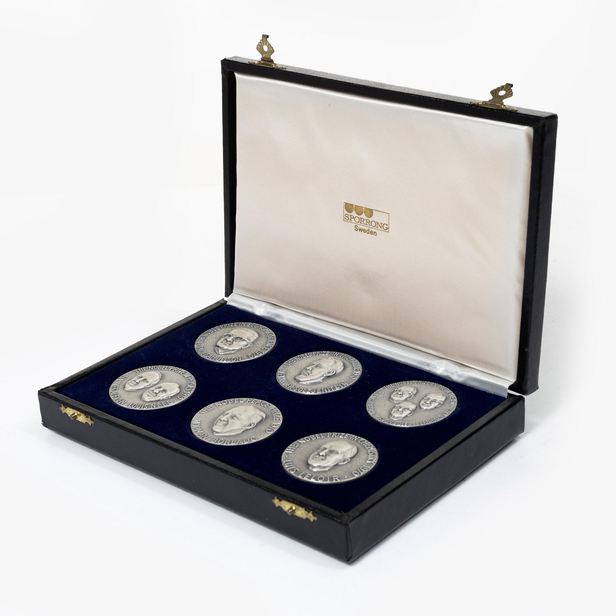 Minnesmedaljer, 6 st, silver, "1970 års Nobelpristagare", Sporrong, Norrtälje 1971.