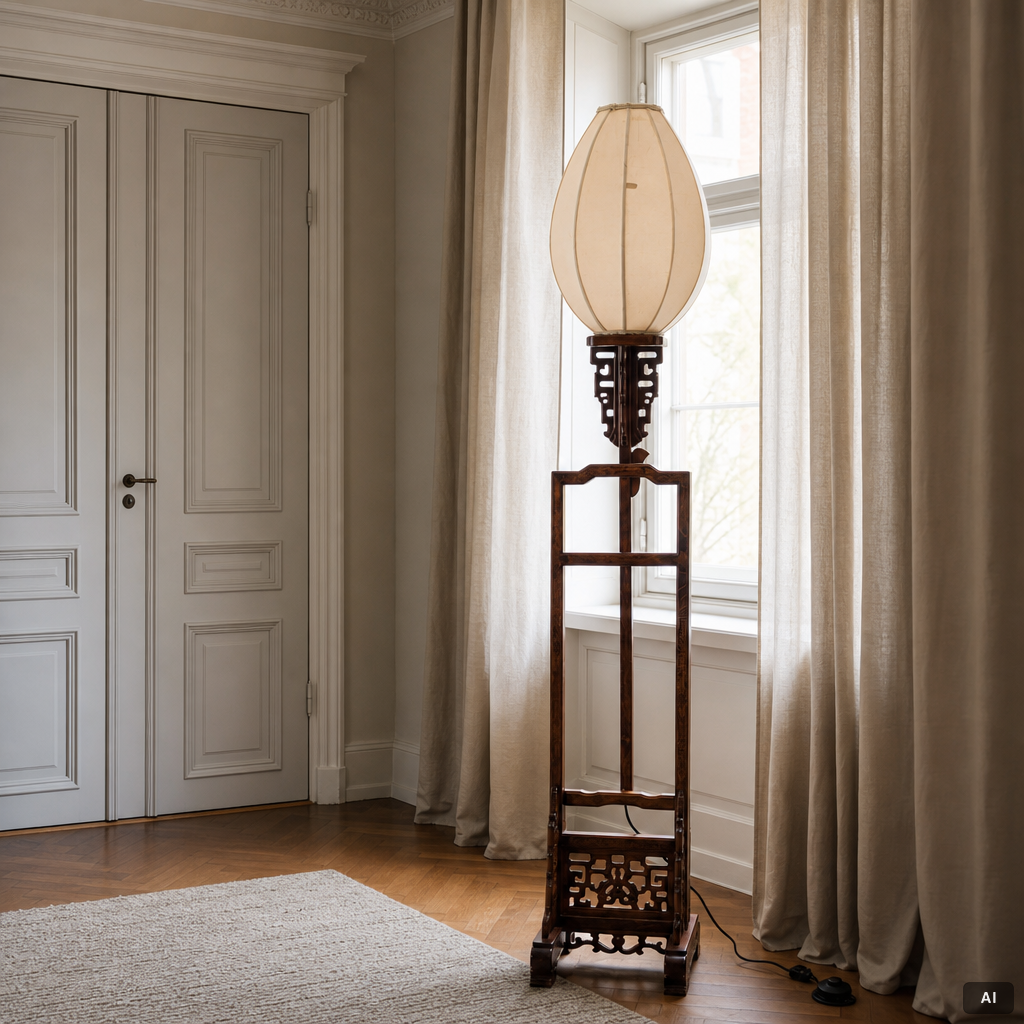 A Chinese wooden floor lamp, later part of the 20th century.