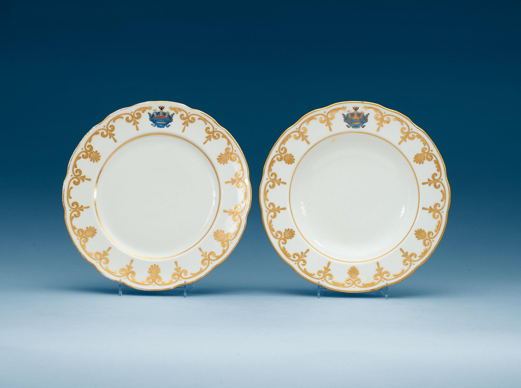 Two Russian Armoiral plates, Imperial porcelain manufactory, St Petersburg, period of Nicholas I.