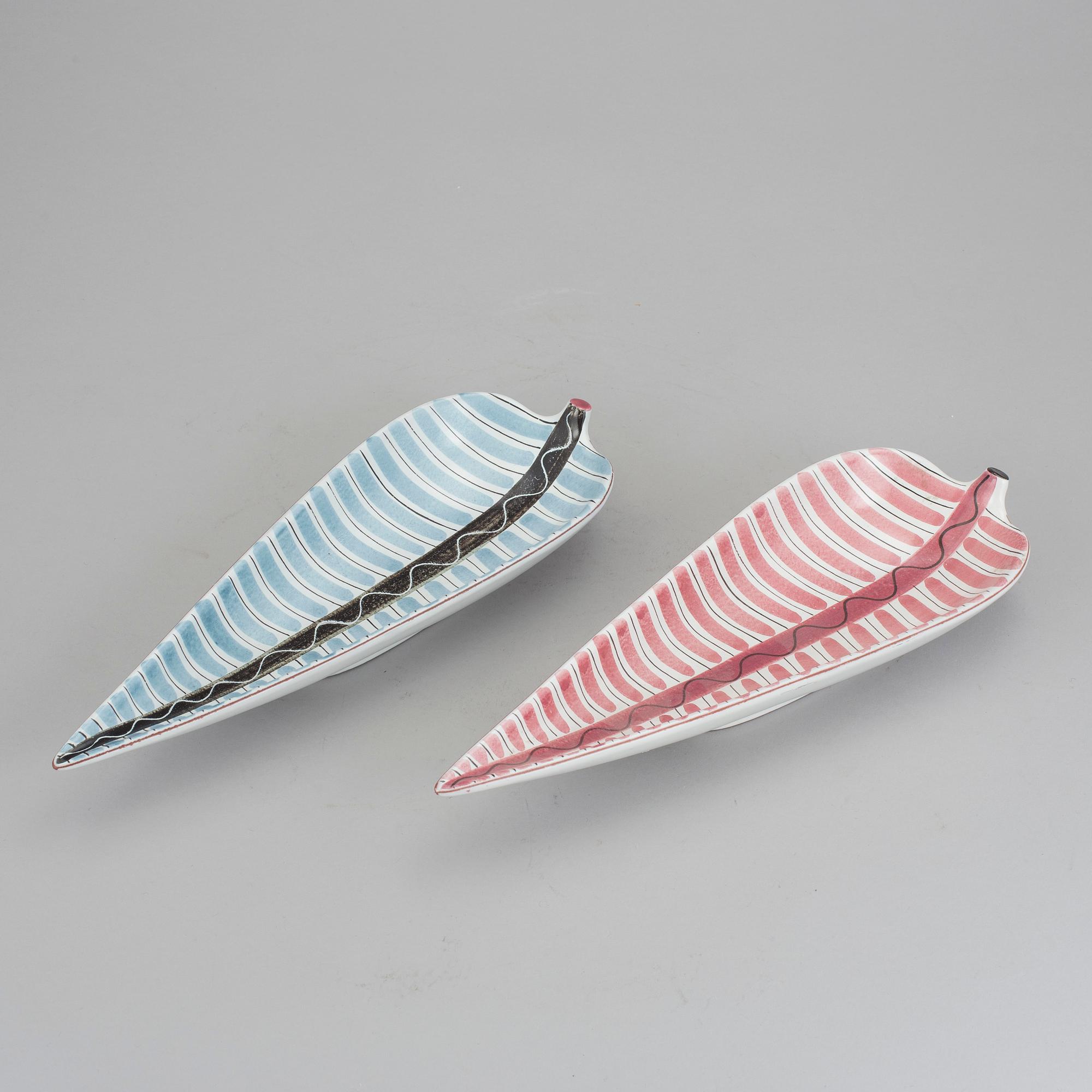 UPPLÄGNINGSFAT, 2 st, fajans, Stig Lindberg, Gustavsberg, 1940-tal, fajansmålare: Franca Pugno.