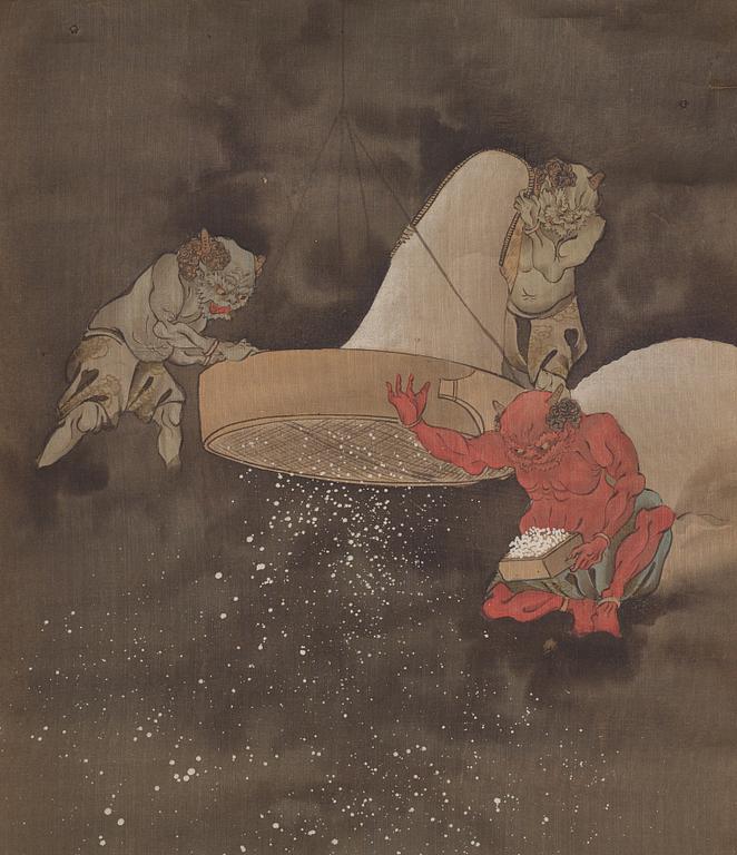 RULLMÅLNINGAR, sex stycken, tusch och färg på papper. Japan, Meiji (1868-1912).