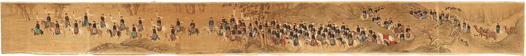 A large hand scroll of an imperial hunting part, Qing dynasty.