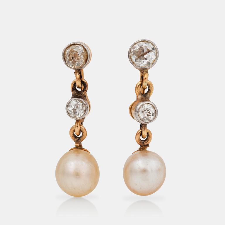 A pair of natural pearl and old-cut diamond earrings.