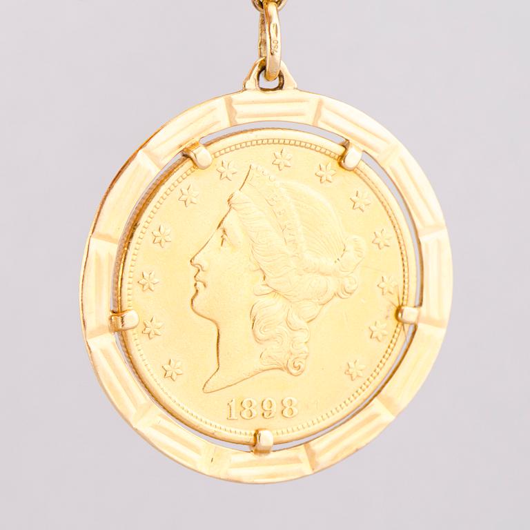 RANNEKORU, Liberty Head 20 dollar kultaraha, 18K kultaa.