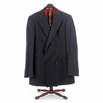 303. ROSE & BORN, a men's blue and red pinstriped wool suit consisting of jacket and pants, size 52.