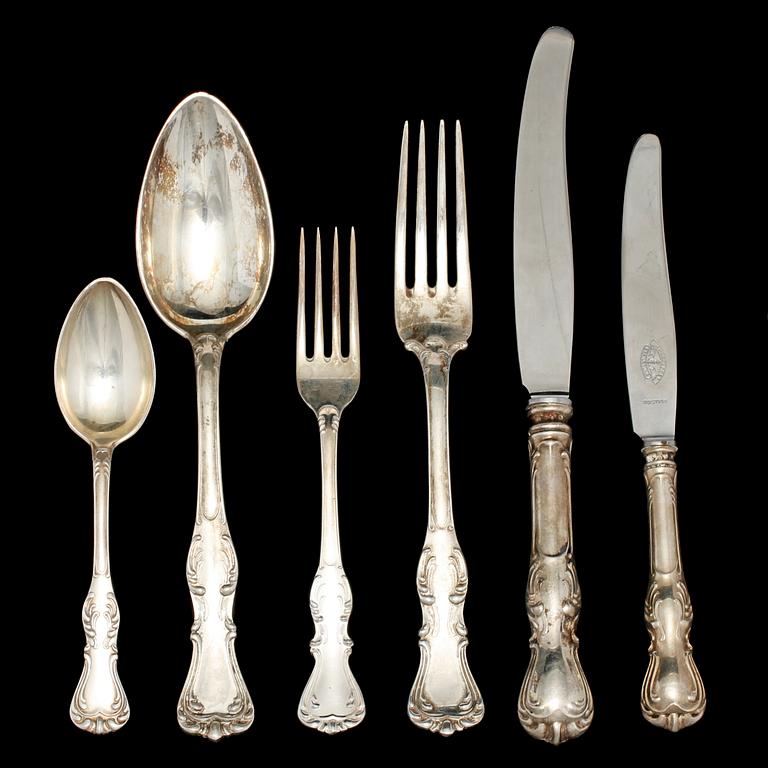 BESTICKSERVISDELAR, 72 st, silver, "Prins Albert", CG Hallberg och GAB, omkring 1900-talets mitt. Vikt 3 345 g.