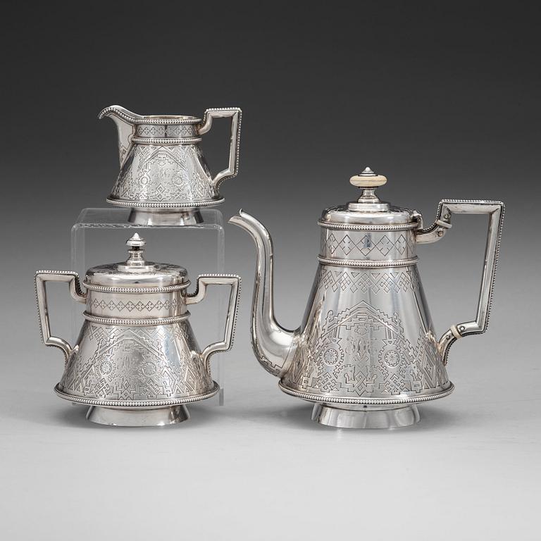 A Russian 19th century parcel-gilt three-piece coffee-set, possibly of Fabian Allenius, St. Petersburg 1877.